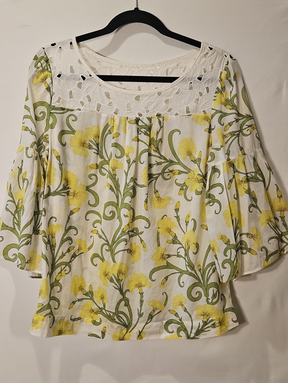 Anthropologie White Blouse with Yellow Floral Print and Green Vines 0178